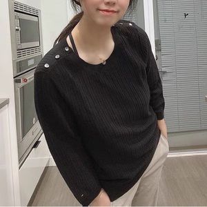 NWT Tommy Hilfiger Black Pointelle Knit Sweater Silver Button Shoulder XS